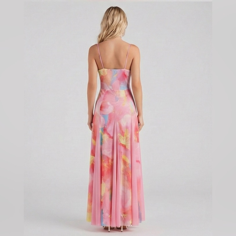 Y2K Pastel Pink Watercolor Mesh Maxi Dress - Picture 5 of 13